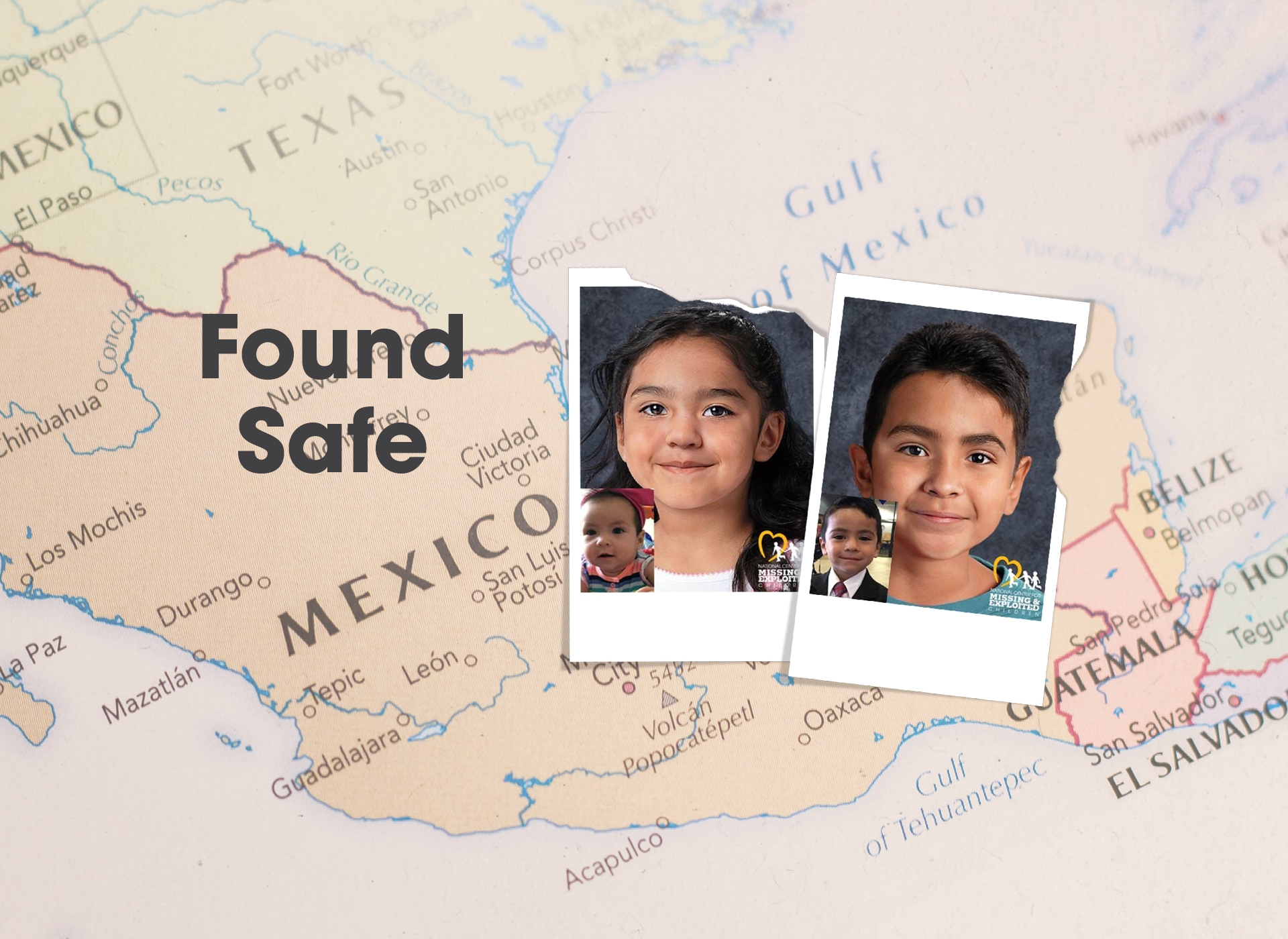 forefront: age progressed children's photos; background: outline of mexico