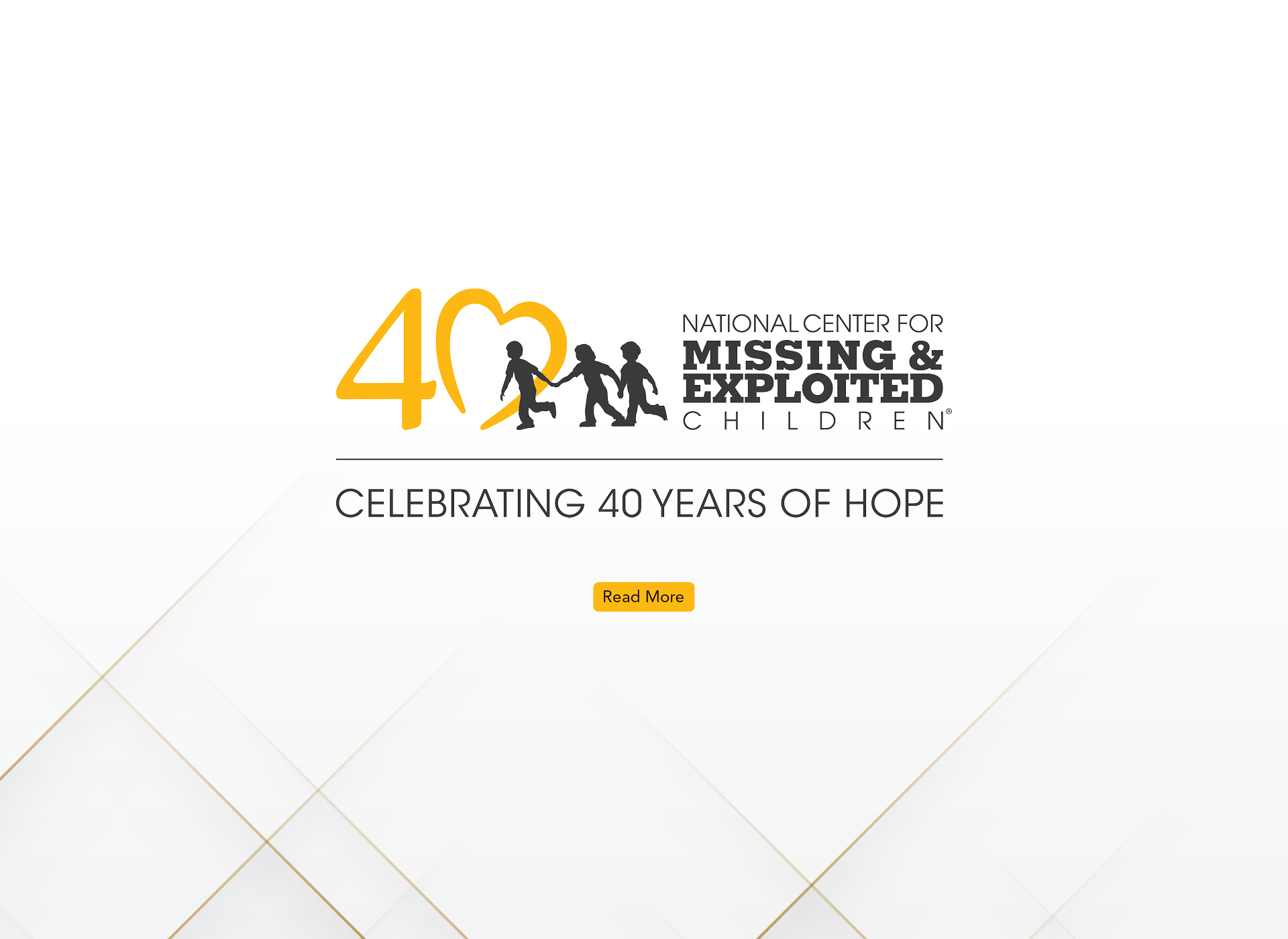 yellow ncmec logo with 4 and a heart as the 0: celebrating 40 years of hope against white background